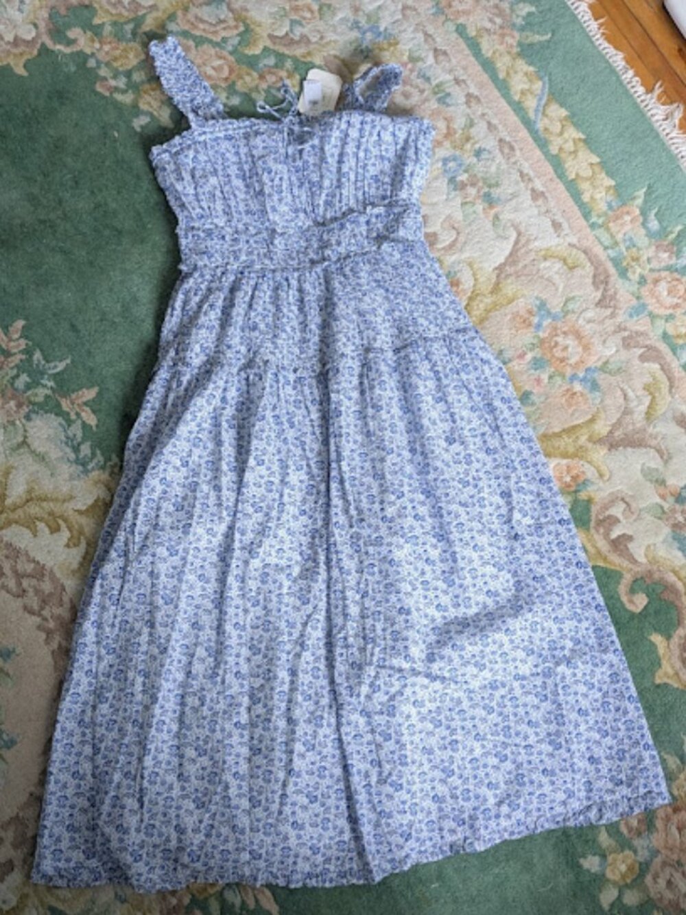 NEW GAP DÔEN Women Sz L Dress Floral White Blue Midi Square Neck Lined Smocking